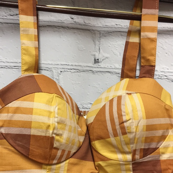 Plaid Vintage twine & string NY CORSET PLAID TOP padded  brown plaid size M - Picture 10 of 13